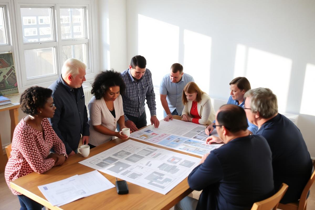 Partners from several organizations reviewing housing plans around a table